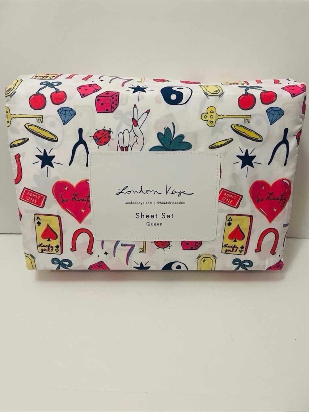 London Kaye Lucky Girl Queen Size Sheet Set Heart Wishbone Ace of Spades Dice